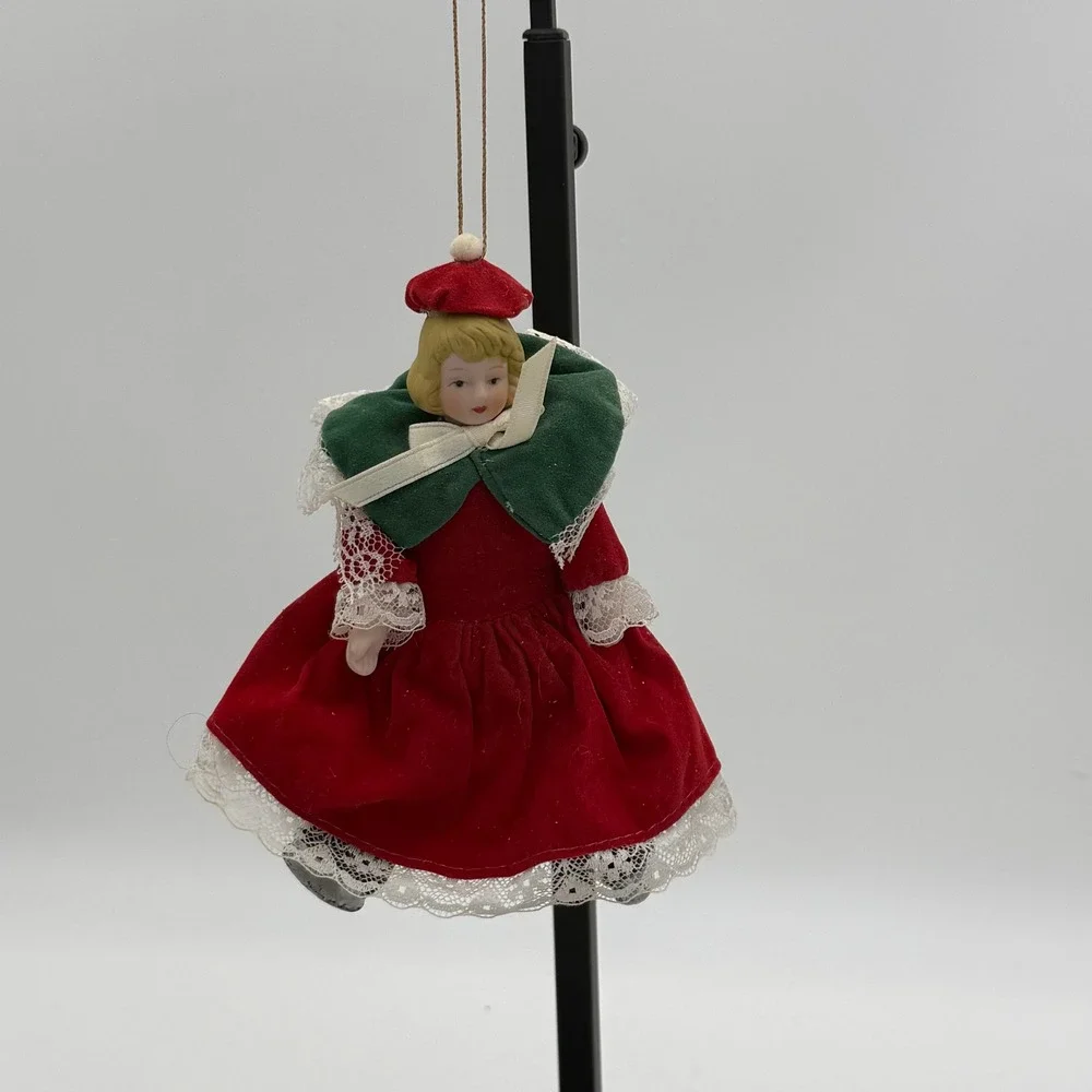 Vintage Victorian Girl Ice Skater Christmas Ornament Red Velvet Lace Porcelain